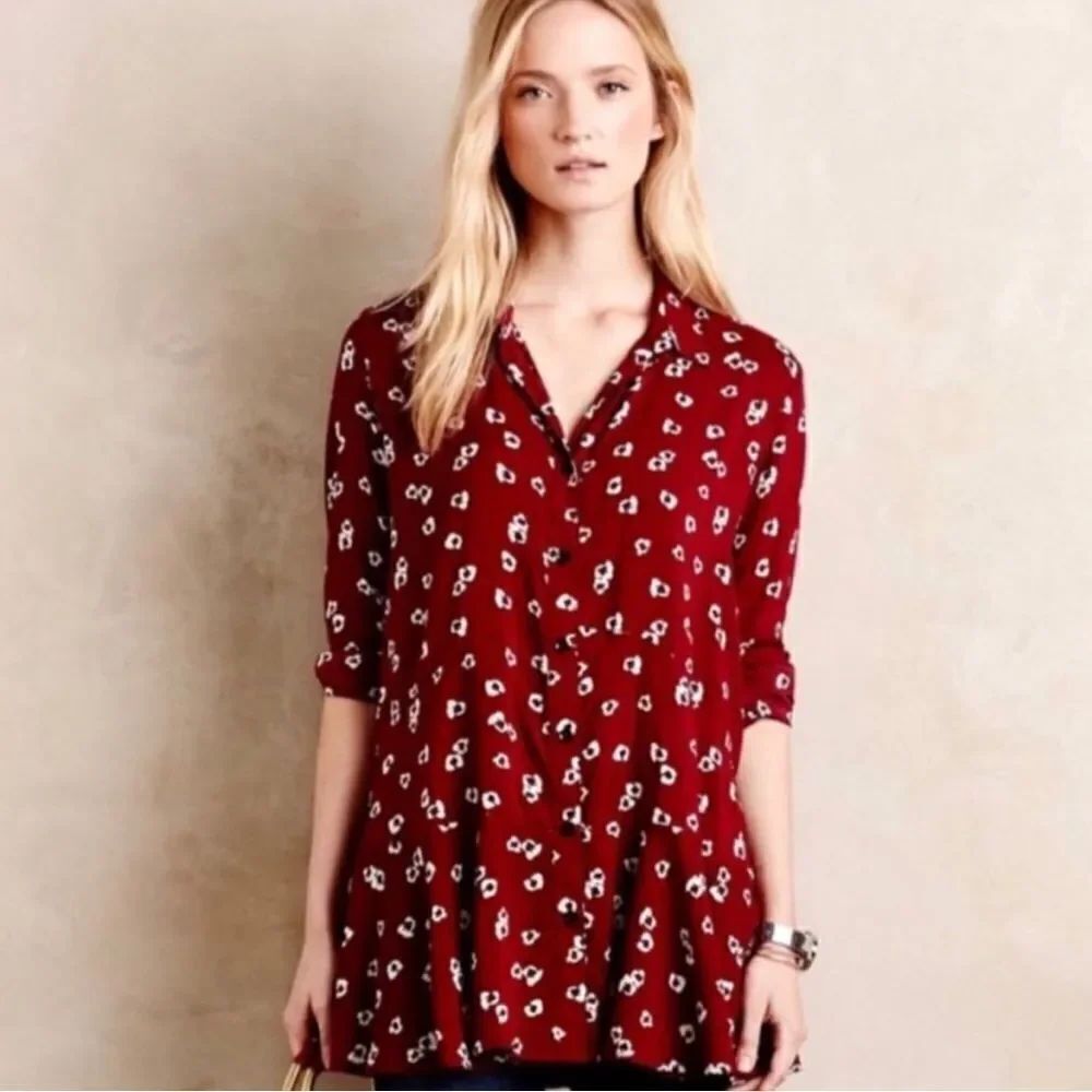 Anthropologie L 11-1-TYLHO Long Sleeve Button Front Burgundy White Floral Tunic